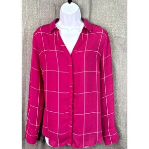 Worthington Long Sleeve Button Up Blouse Women's Size M Pink Window Pane